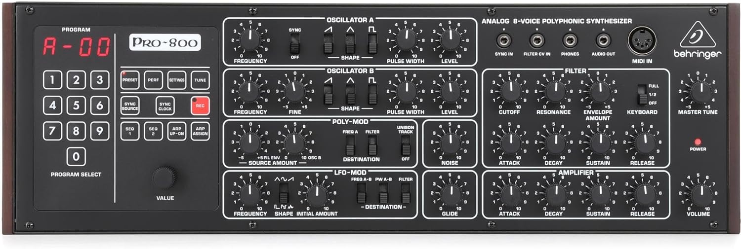 Behringer PRO-800 Classic Analog 8-Voice Polyphonic Synthesizer with 2 VCOs, Classic VCF, Arpeggiator, Sequencer and 400 Program Memories in Eurorack Format
