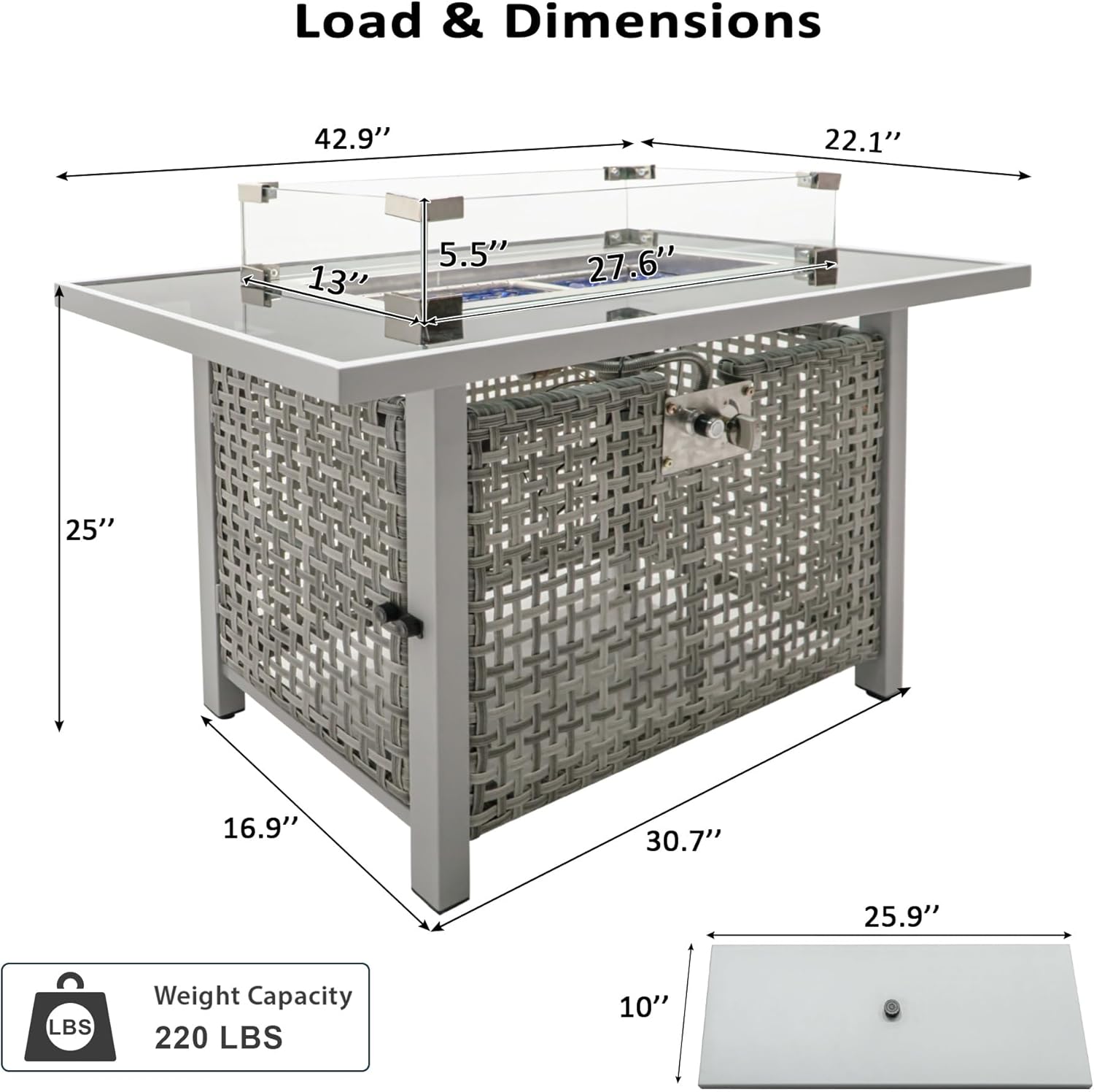 Propane Gas Fire Pit Table, 60000 BTU Rectangular Open Weave Wicker with Glass Wind Guard for Outside Patio Deck Garden Backyard(Grey)