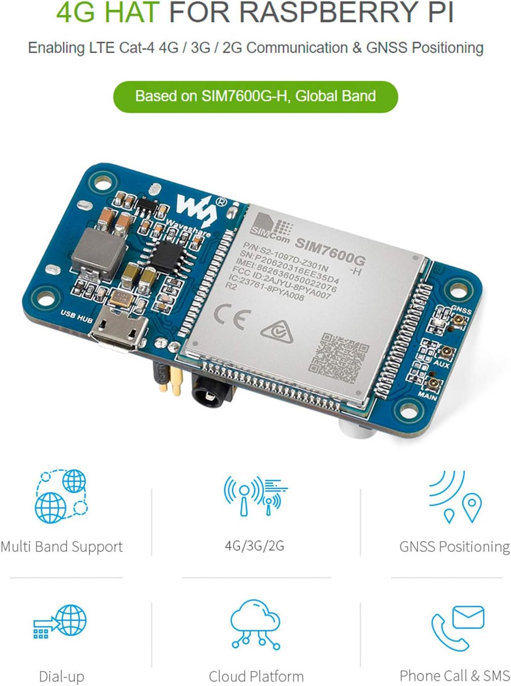 Waveshare SIM7600G-H 4G HAT for Raspberry Pi & PC, LTE Cat-4, Global Band, 4G/3G/2G, GPS, USB Connectivity