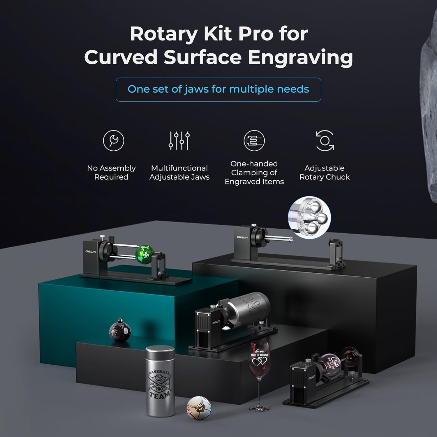 Creality Rotary Roller Pro, Laser Engraver Accessories 3-in-1 Kit for Falcon and Other Engraving Machines, Jaw Chuck for Glass, Cylindrical Objects, Ring, Cups, Pens