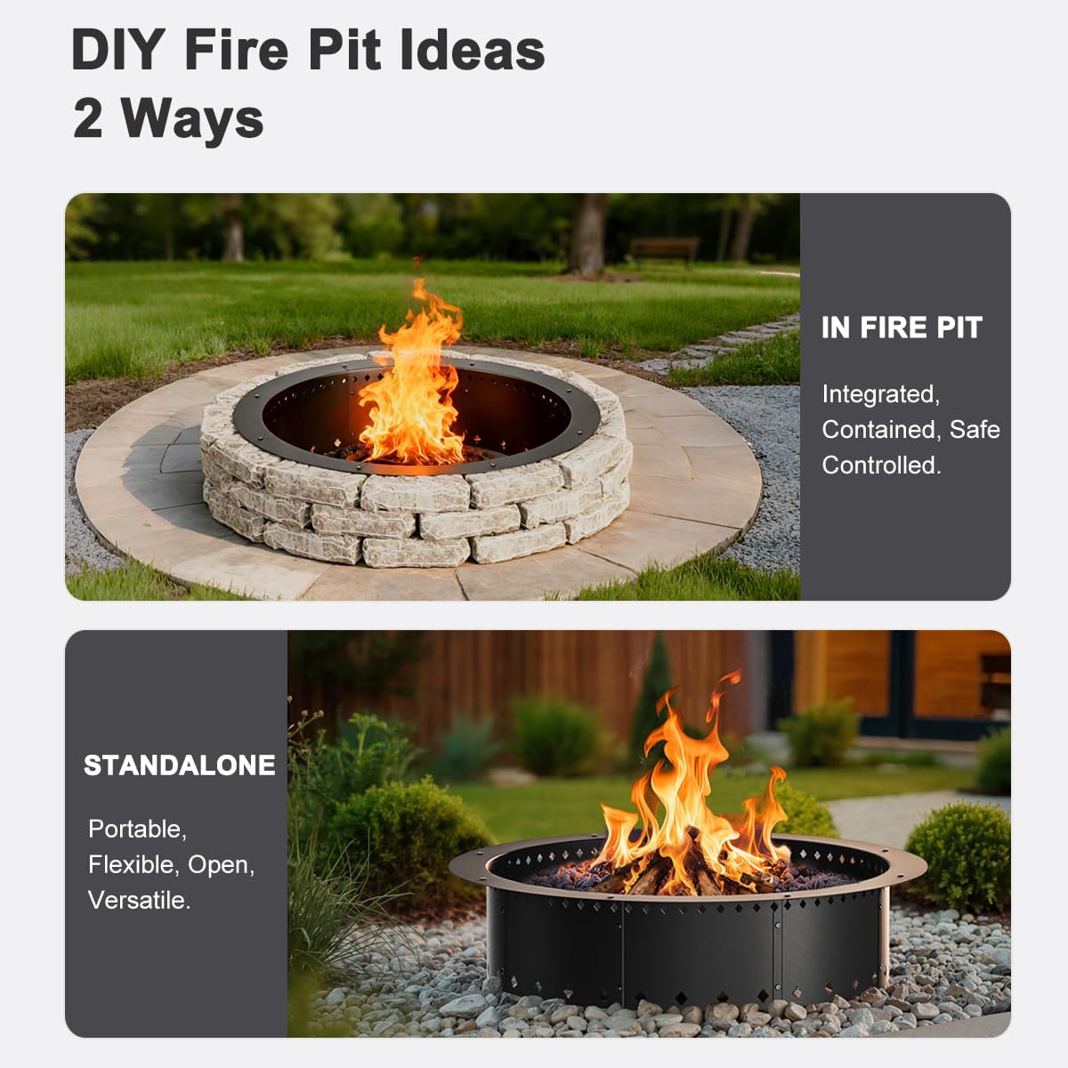 FANHAO Outdoor Fire Pit + 36-Inch Fire Ring Smokeless, Wood Burning Fire Pit Ring Duty Solid Metal Steel