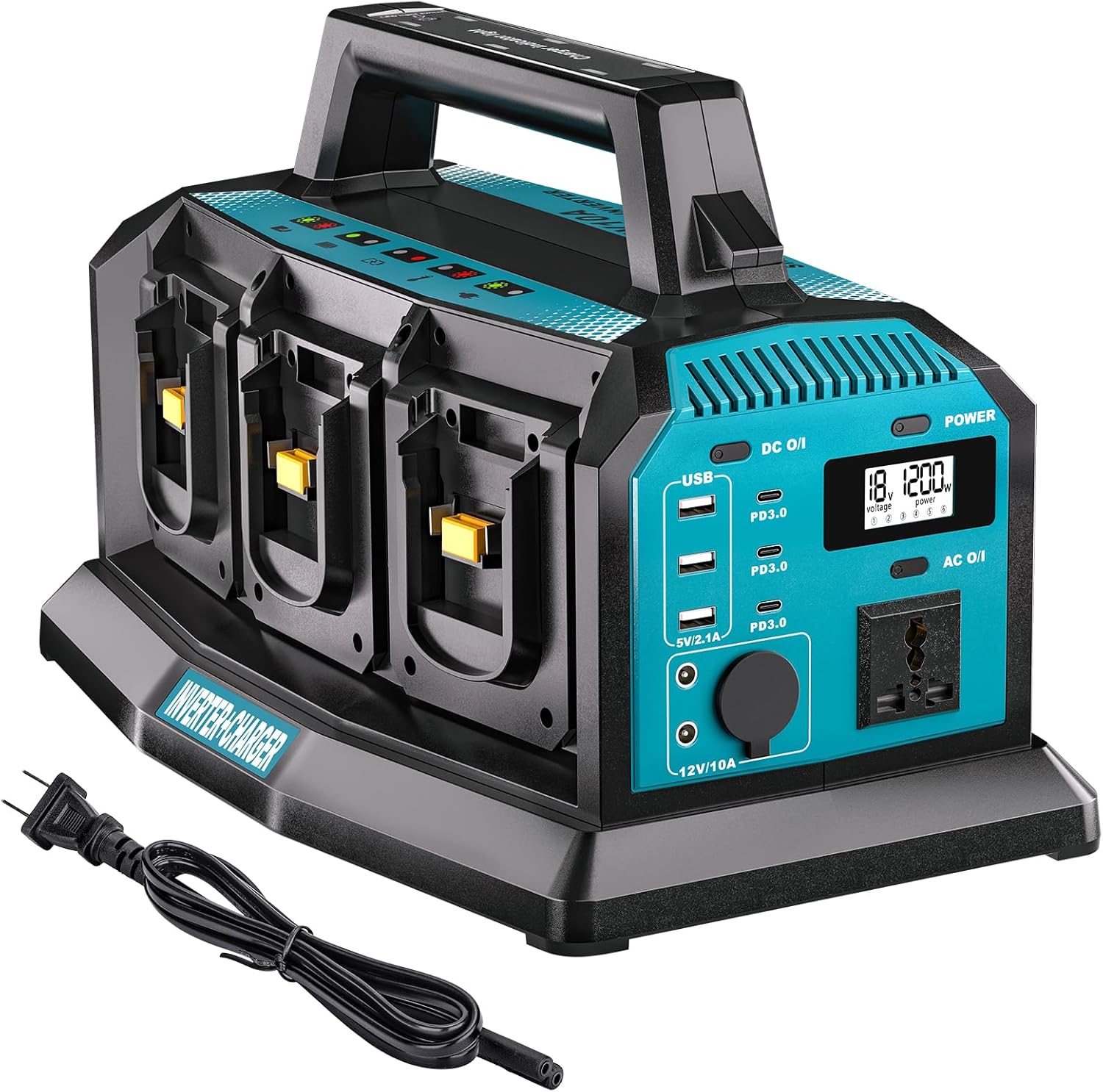 1200W Power Inverter & 6A Rapid Charger for Makita 18V Battery – 6-Port DC to AC 120V Converter, 3 USB-A + 3 USB-C, 300lm LED Light for Camping, Travel, Emergencies(Battery not Included)