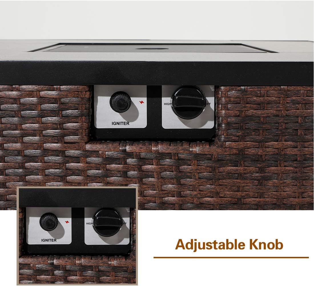 AQUILLA Outdoor Propane Fire Table, Dark Brown Color Rattan, 40000 BTU Heater w Free Lava Rocks, Waterproof Cover for Garden, Poolside