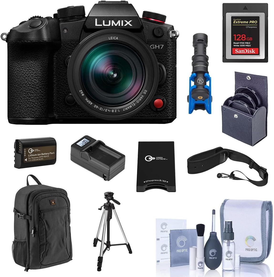 Panasonic LUMIX GH7 Camera with LUMIX G Leica DG Vario-Elmarit 12-60mm f/2.8-4 Lens, Bundle with 128GB Memory Card, Al 3-Section Tripod, Shotgun Microphone and 62mm Filter Kit
