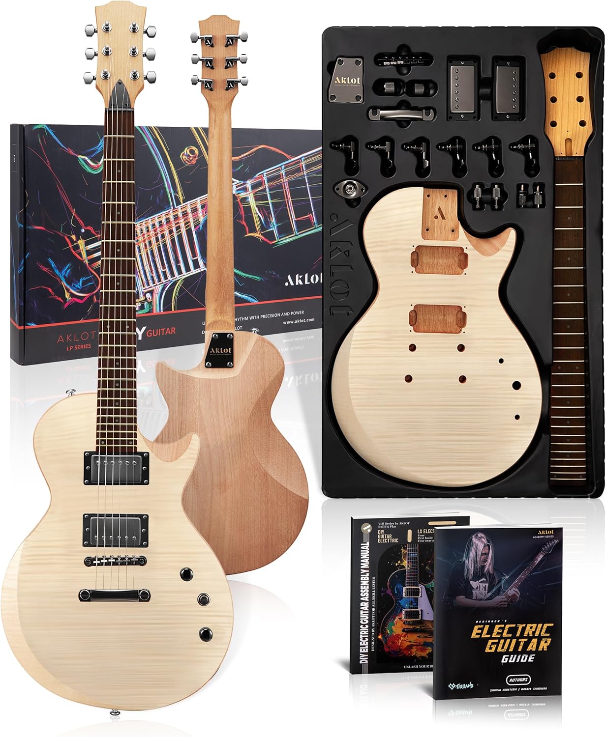 AKLOT DIY Electric Guitar Kit: Flame Maple Top, Roasted Maple Neck, Pre-Soldered Wiring, HH Pickups, Coil-Split, Luminous Position Markers, Build Your Own Lorien Style Beginner Guitar with Accessories