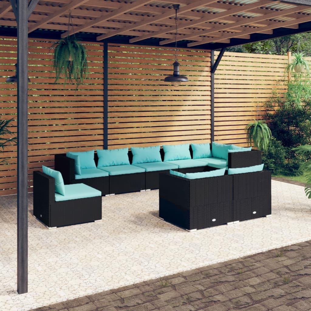 9 Piece Patio Lounge Set with Cushions Poly Rattan Black,Poly Rattan Patio Lounge Set: Modular Rattan Sofa for Outdoor Relaxation Furniture Sets for Patio, Lawn & Garden