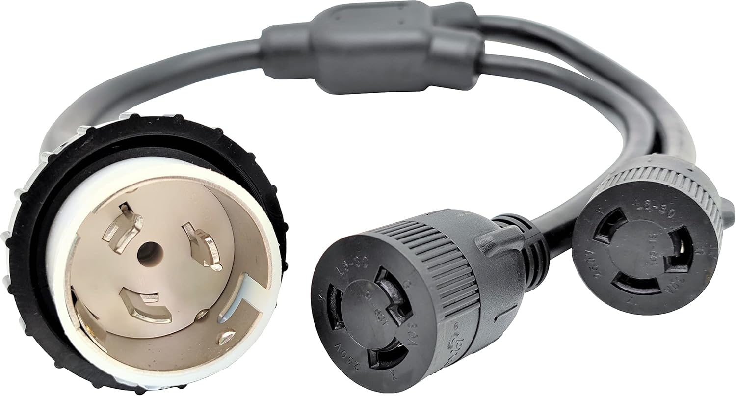 Parkworld 62626 Splitter Marine Shore Power Y Adapter, Generator SS2-50P Male 50A Plug to (2) L6-30R Female Dual 30A 250V Receptacle