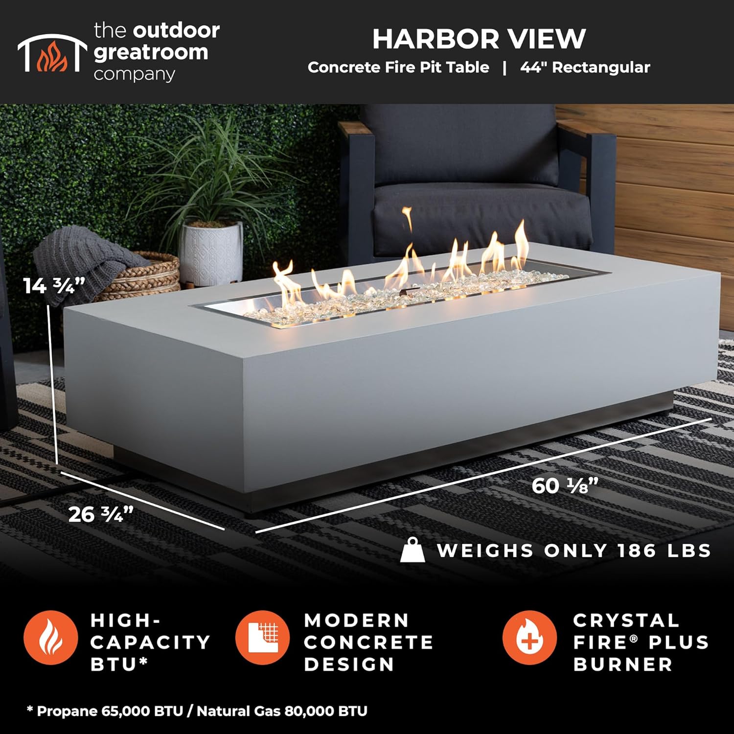 Outdoor GreatRoom Co. Harbor View Gas Fire Pit Table Rectangular Concrete Fire Pits for Outside Patio - 65,000 BTU Propane Fireplace Heater, Glass Coffee Table Cover, Clear Fire Rocks