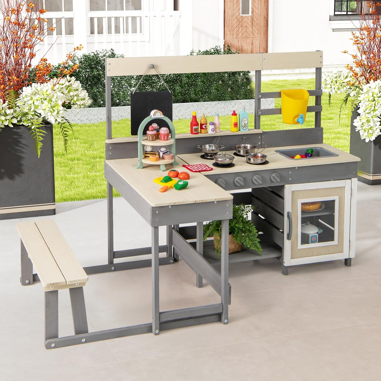 INFANS Mud Kitchen, Outdoor Play Kitchen with Faucet Chalkboard Stoves Removable Sink Cooking Accessories Wooden Kids Kitchen Playset Backyard Garden Toys Gift for Boys Girls Ages 3+