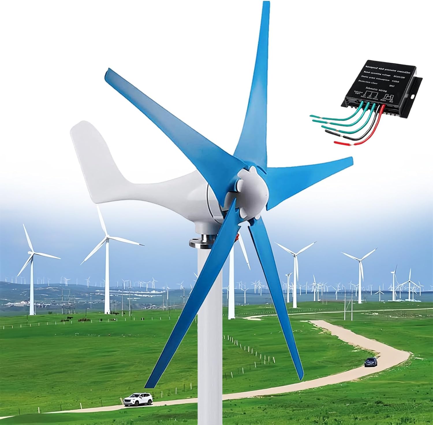 Wind Turbine Generator, 5 Blades Small Wind Turbine Three Phase Ac Permanent Magnet Generator, Wind Turbine Kit with Charge Controller, Suitable for Industrial Energy Equipment (Blue 48V)