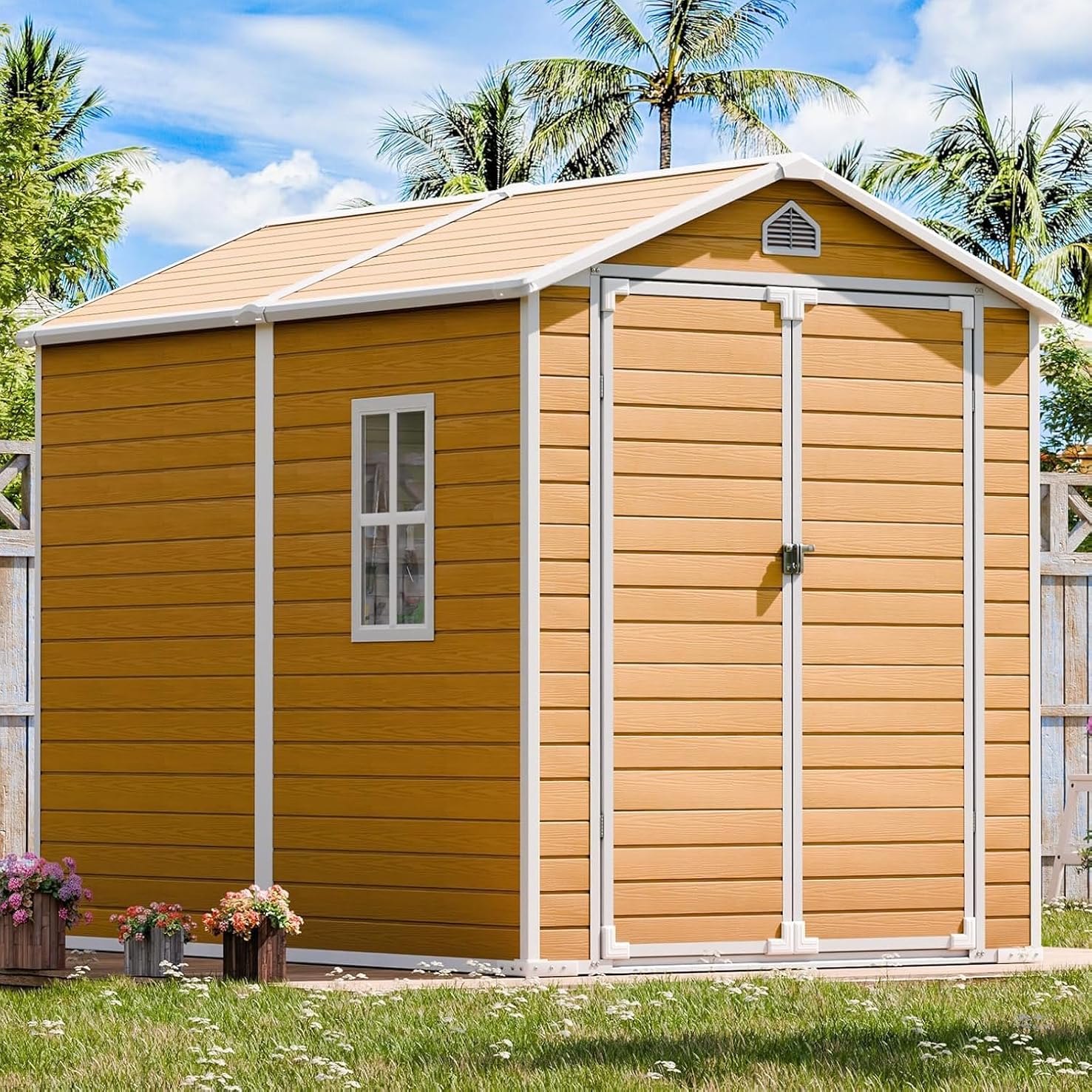 Resin Storage Shed with Floor 8 x 6 FT Waterproof Plastic Outdoor Garden Sheds Kit with Lockable Door & Windows,Patio Tool Shed for Backyard Lawn, Wood Color
