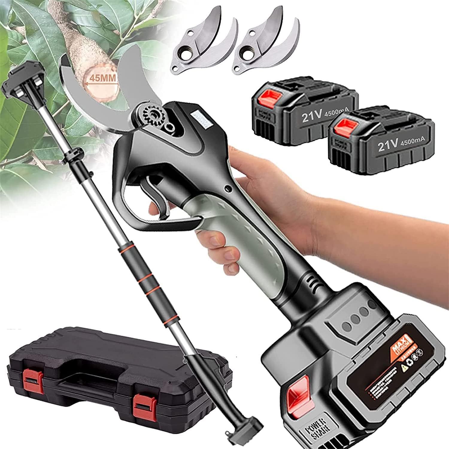 Battery Powered Pruning Shear with Extension Pole Cordless Electric Pruning Shears Gardening Shears, 45Mm Cutting Diameter