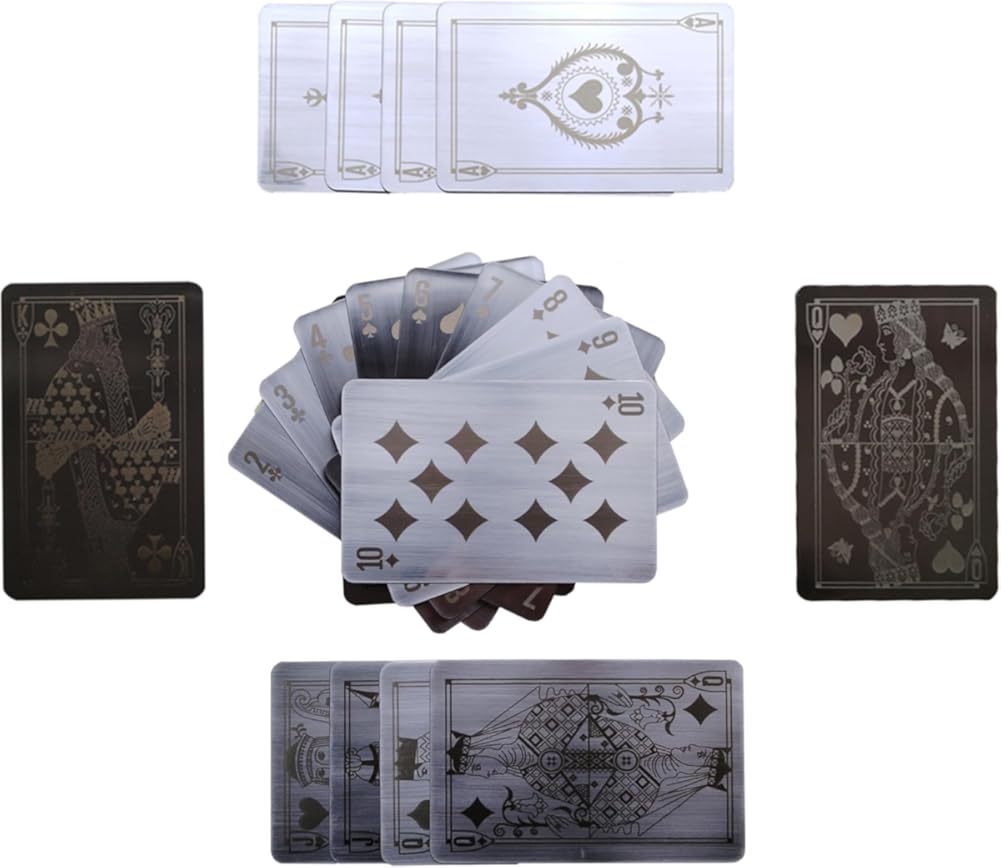 54PCS 304 Stainless Steel Cards Metal Playing Cards Poker Deck of Thick Playing Double-Sided Carving Cards Bulk for Adults Reusable Collectable Gift Waterproof (Style-A)