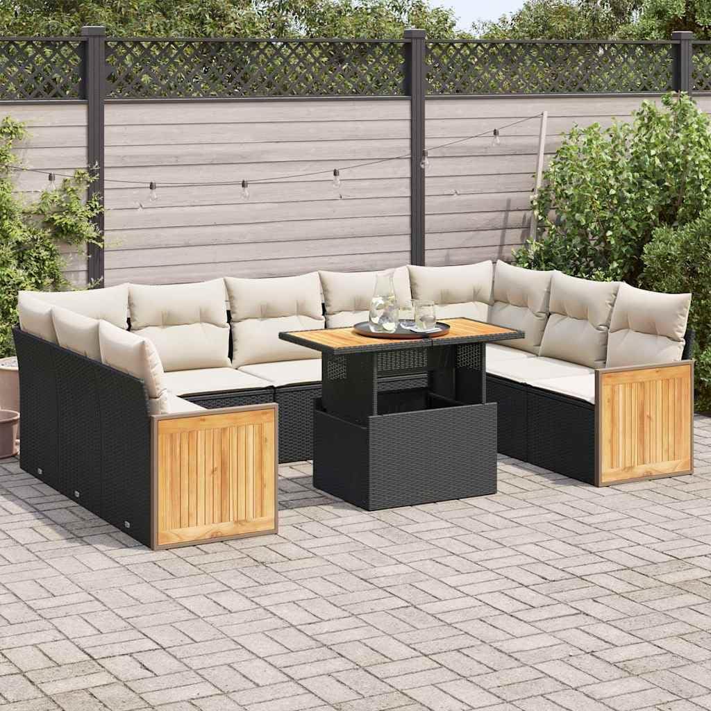 10 Piece Garden Sofa Set Black, Outdoor Furniture with Weather-Resistant Poly Rattan and Acacia Wood Frame for Patio, Includes Storage and Washable Cushion Covers, Modern