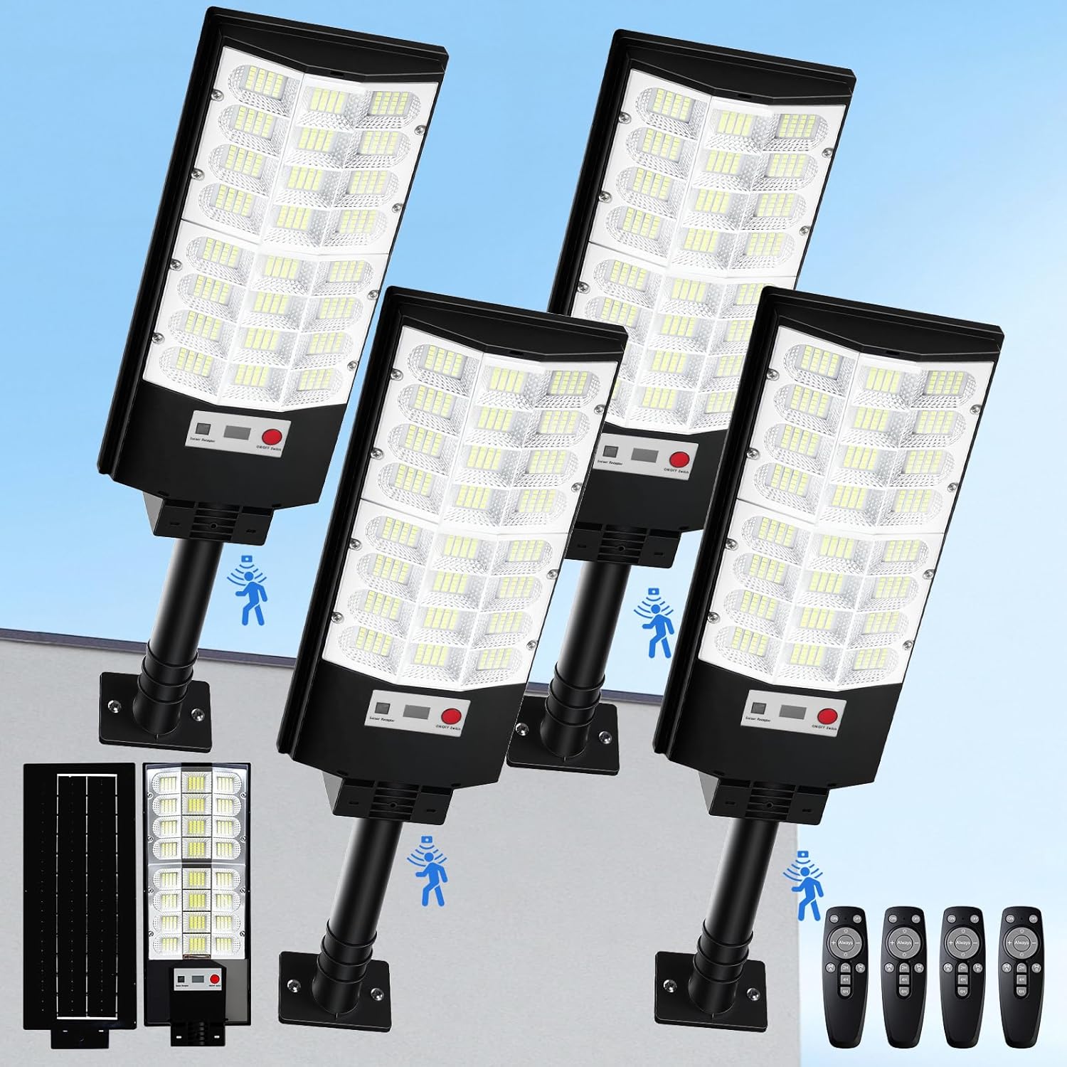Solar Street Lights Outdoor 4-Pack, 12000LM 6500K Waterproof LED Motion Sensor Solar Flood Light, Dusk to Dawn Outdoor Lighting with Remote, Solar-Powered Commercial Area Lighting for Parking Lot Yard