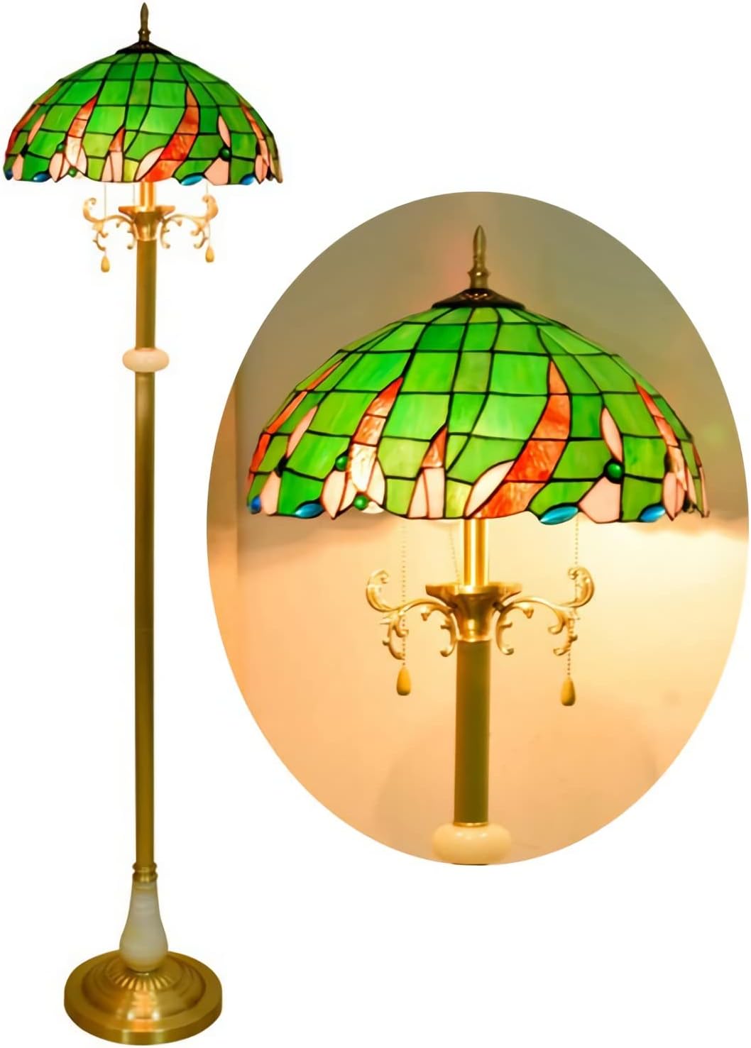 16 Inch Tiffany-Style Floor Lamp, Green Stained Glass Readlight, Vintage All Copper Base Standlamp for Bedroom Office