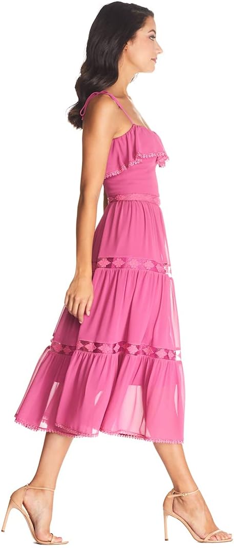 Dress the Population Women's Dream Sleeveless Ruffle Bodice Lace Insert Tiered Skirt Midi Dress