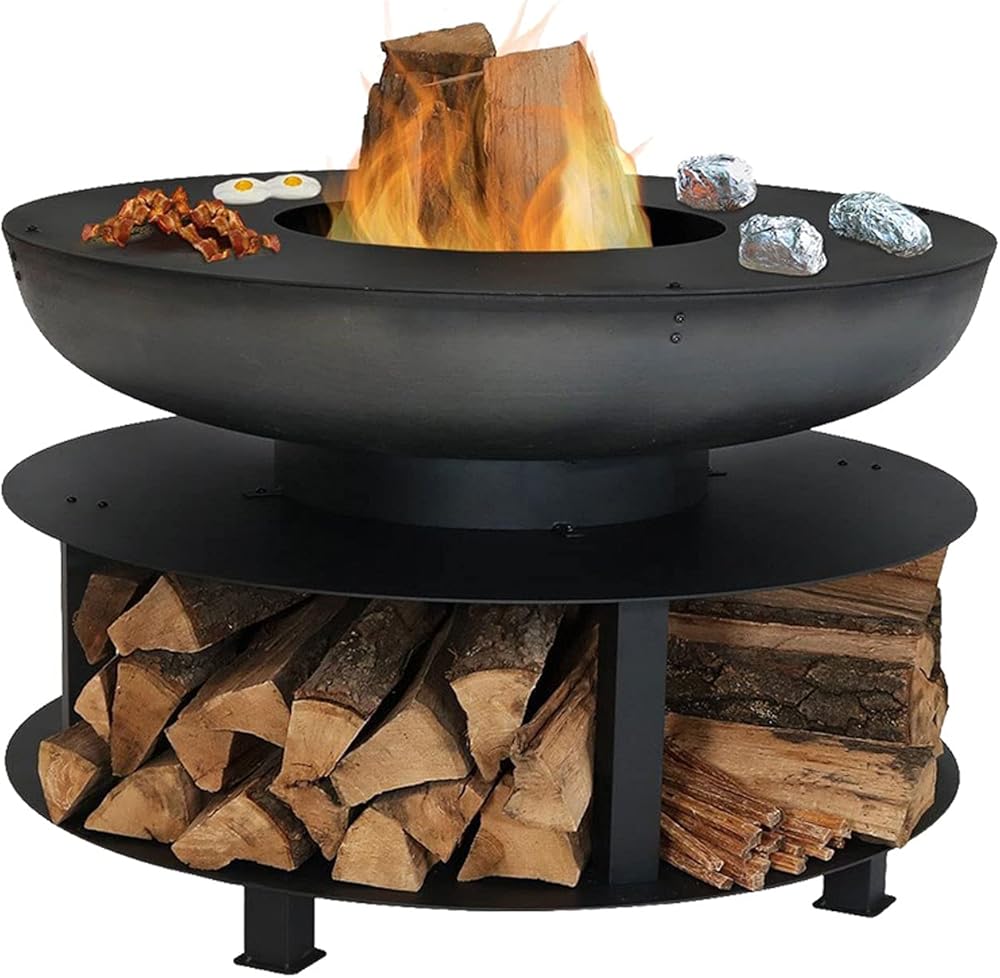 Round Wood Burning Patio Firebowl,Wood Burning Fire Pit,Large Outdoor Fire Pit,Portable Fire Pit,Table Brazier Garden,Backyard Fire Pit,Wooden Tray with Storage