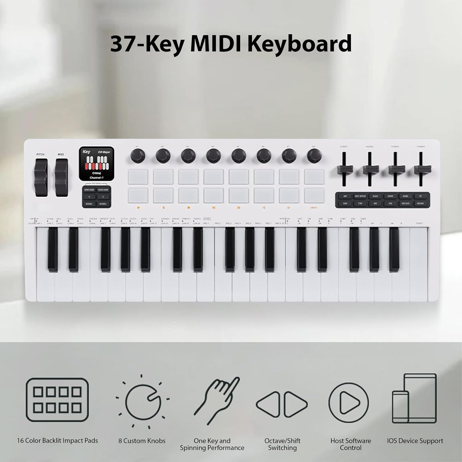 37-Key MIDI Keyboard Controller Music Production Controller MIDI Piano Keyboard Drum Pads with 16 RGB Drum Pads 8 Knobs 4 Faders Synthesizer Engine for Music Production