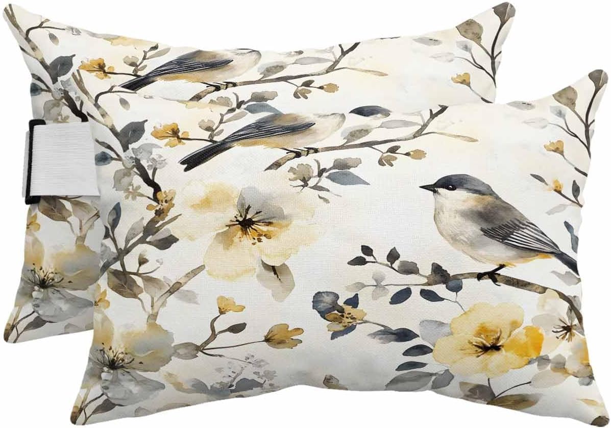 Outdoor Pillow for Chaise Lounge Chair Bird Waterproof Lumbar Pillow with Insert Yellow Floral Branch Headrest Pillow with Adjustable Elastic Stripe for Recliner Beach Garden Patio 12x20 Inch