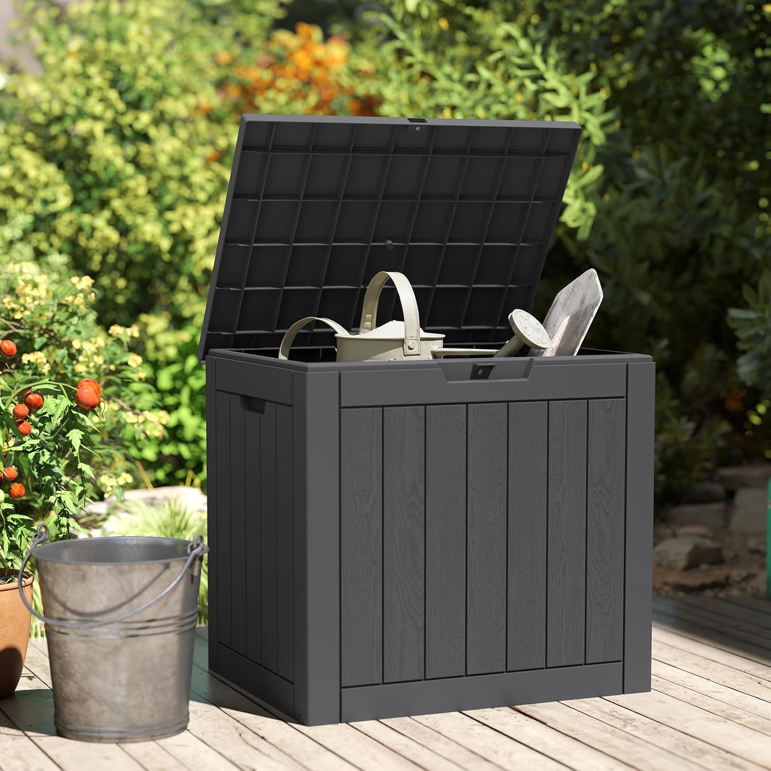 Deck Box with 31 Gallon Capacity, Weatherproof Resin Lockable Outdoor Storage for Secure Package Deliveries and Indoor Storage in Garden or Patio for Porch Backyard Garden (Black)