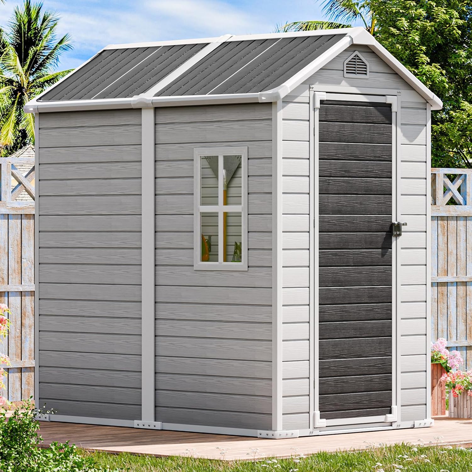 Resin Outdoor Storage Shed with Floor 6x4 FT Waterproof Plastic Sheds Kit Window Lockable Door Included, Outside Garden Tools Sheds for Backyard Patio, Gray