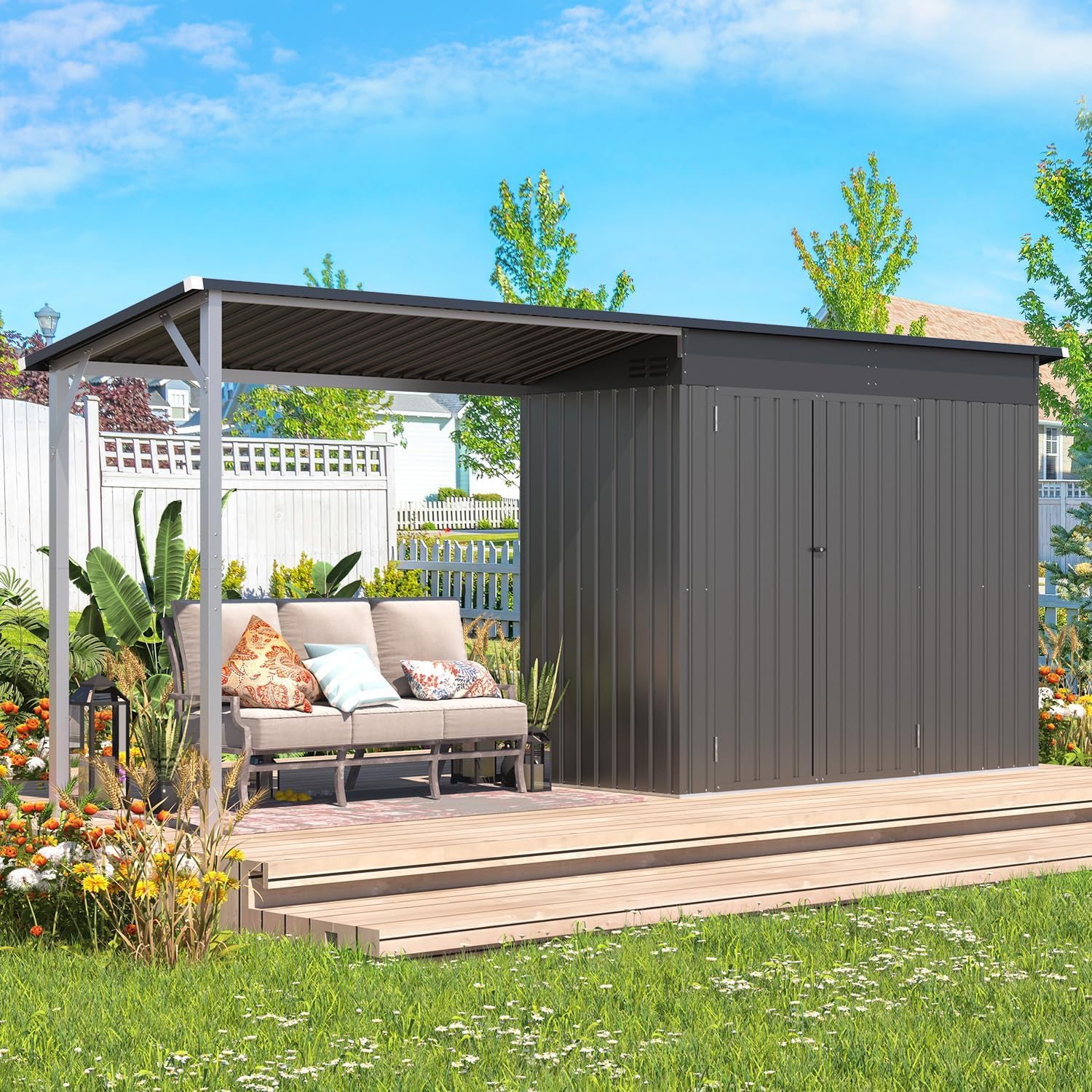 AECOJOY Outdoor Open-Sided Storage Shed Metal Shed, 8x4 Sheds & Outdoor Storage with 56 Sq. Ft Covered, 4'x8' 2-in-1 Tool Shed with Attached Hardtop Metal 6‘x4’ Gazebo