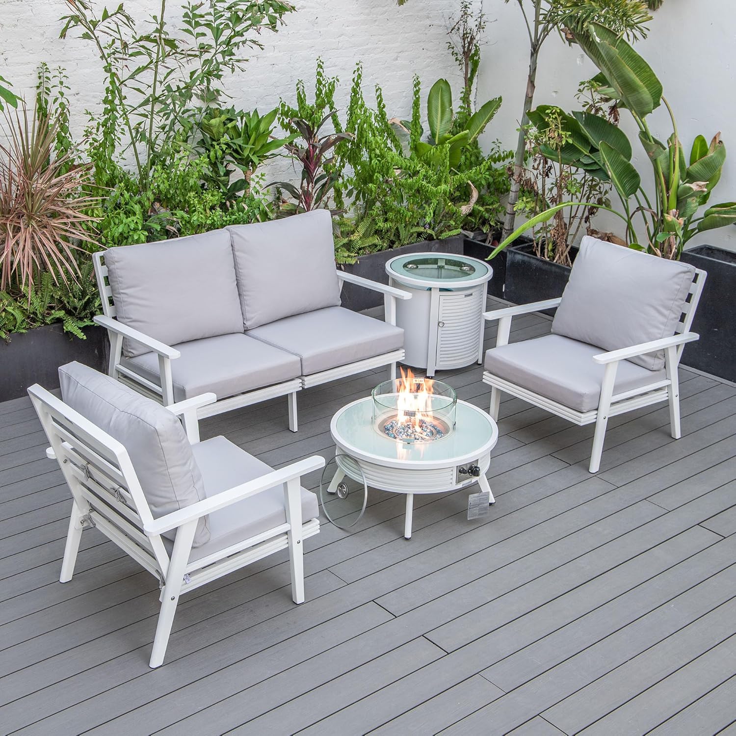 LeisureMod Walbrooke Modern Aluminum 5-Piece Patio Conversation Set with Outdoor Round Fire Pit Table with Slats Design & Side Table Tank Holder (Light Grey)