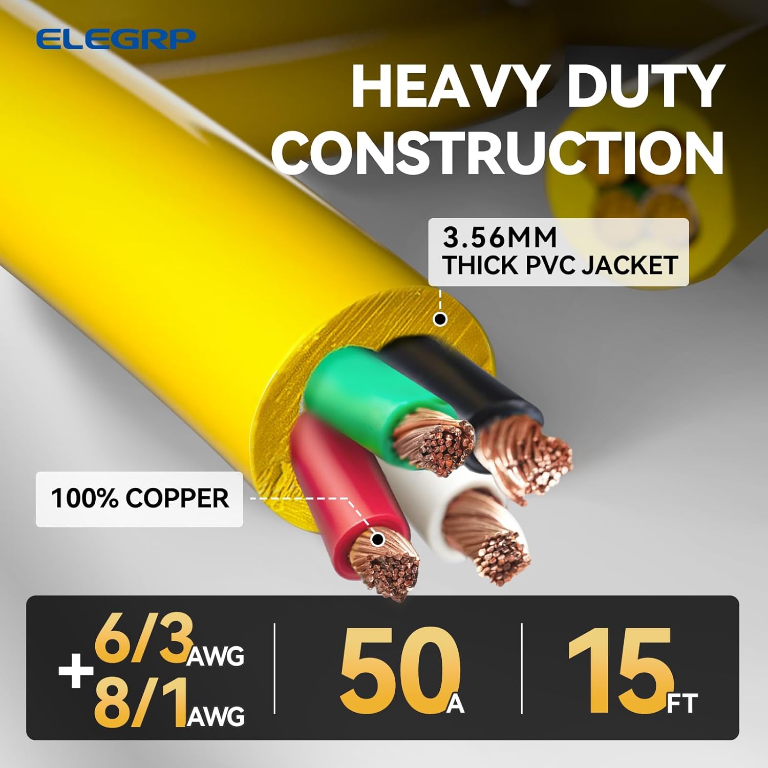 ELEGRP 50 Amp Generator RV Cord 15 FT and Power Inlet Box, Pre-Drilled Generator Inlet Box, NEMA 14-50P to NEMA SS2-50R 6/3+8/1 Gauge STW Generator Cord Waterproof Combo Kit, UL Standard Compliant