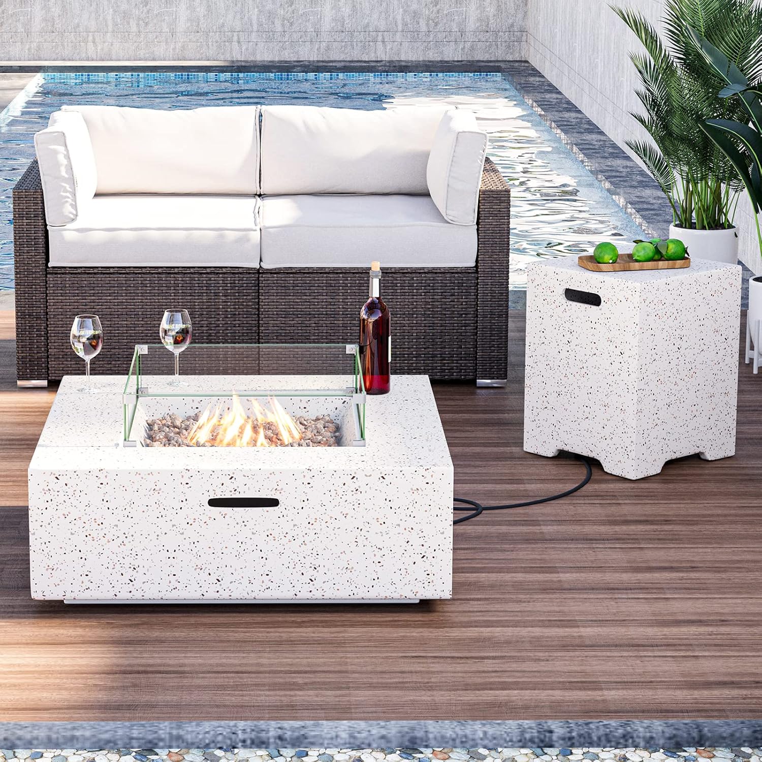 HOMPUS Outdoor Square Propane Fire Pit Table, 35''x12'' Fire Table w Wind Guard & 20lb Tank Cover Table, 50000 BTU Fire Pit w Free Waterproof Cover & Fire Stone for Patio, Garden, Colorful Terrazzo