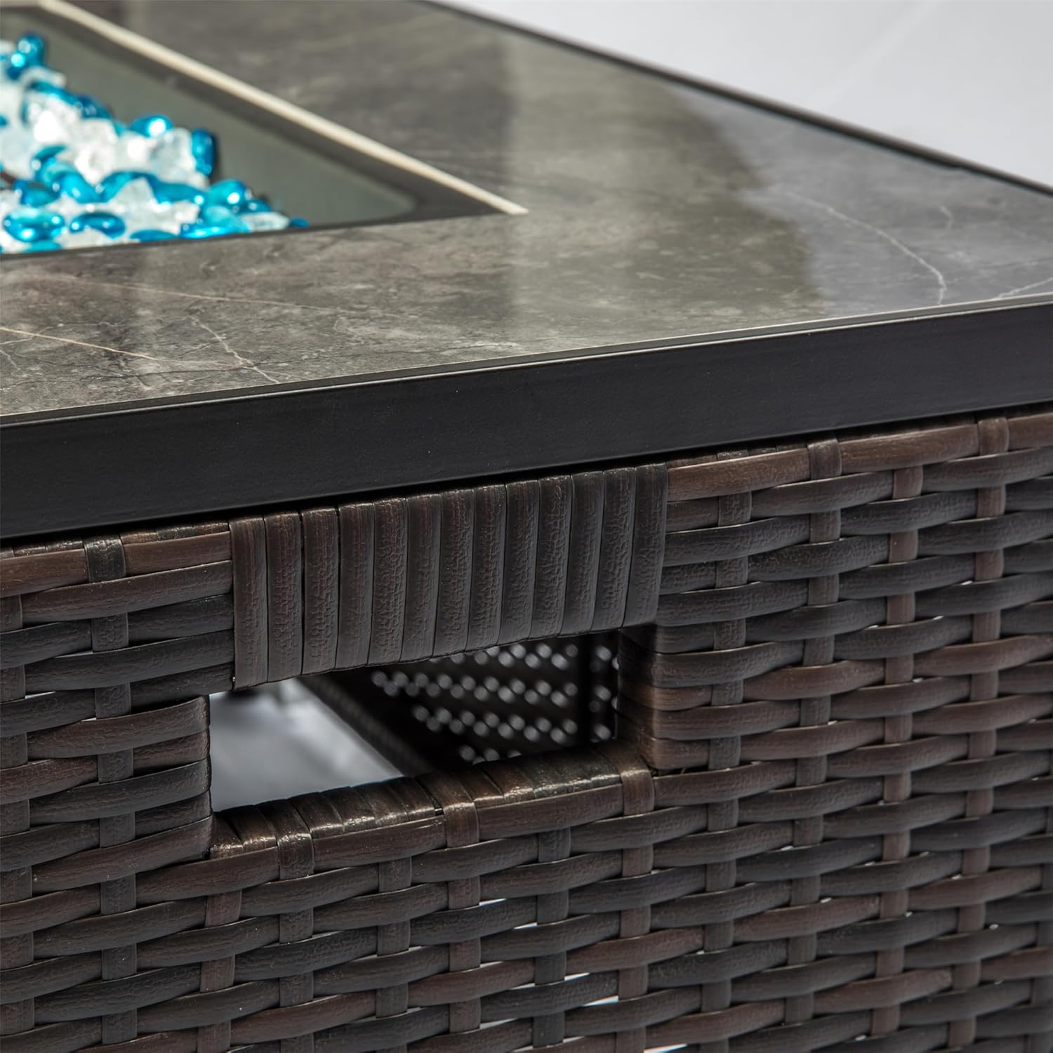 Luxurious 40000BTU Propane Gas Fire Pit Table with Ceramic Tabletop, Rectangular Rattan Outdoor Fire Table with Electronic Ignition, Stainless Steel Burner, Heat Cover, and Decorative Glass Rocks