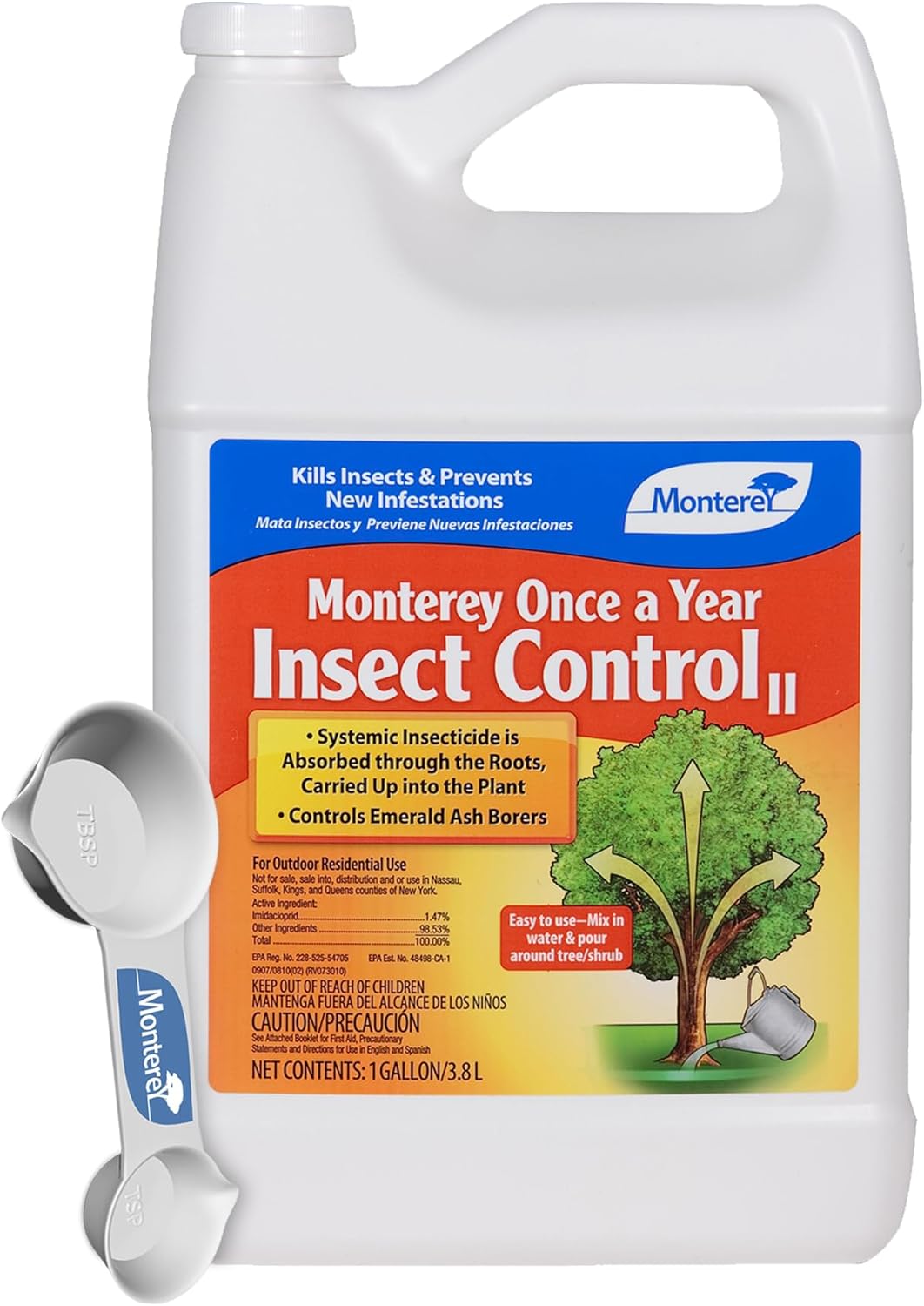 Monterey Once A Year Insect Control II Bundled with Measuring Spoon - Systemic Insecticide Absorbed Through Roots Into Plant - 1 Gallon