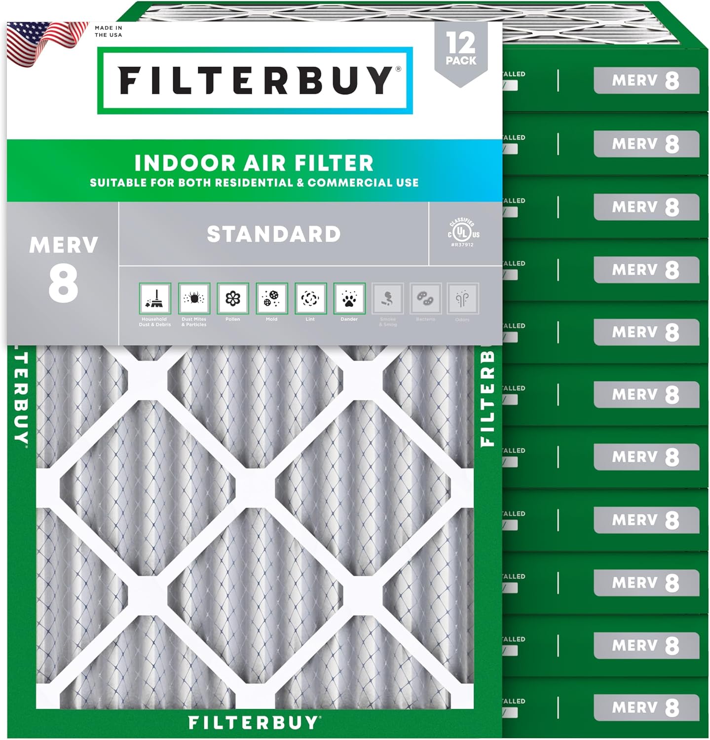 Filterbuy 24x25x2 Air Filter MERV 8 Essential Dust & Allergy Defense (12-Pack), Electrostatic Pleated HVAC AC Furnace Filters Replacement, Made in USA (Actual Size: 23.50 x 24.50 x 1.75)