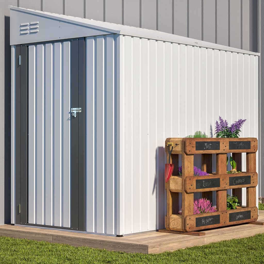 4x7 FT Lean-to Metal Storage Shed, Outdoor Galvanized Steel Shed with Lockable Double Doors, Vented Waterproof Tool Shed for Garden, Backyard, Patio & Bikes,White