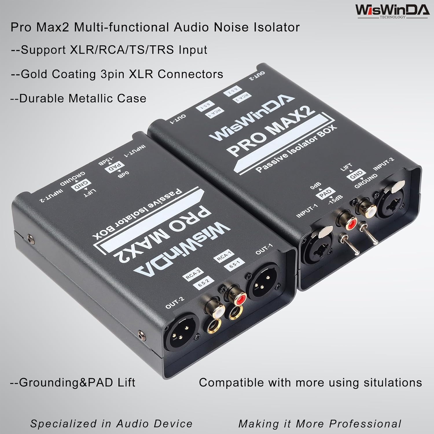 Pro Max2 2Channels XLR/RCA/TS/TRS Passive Hum Eliminator Box for Audio Equipments Ground Loop Isolator Noise Filter for Different Audio Systems Using (WDISO-Pro Max2)