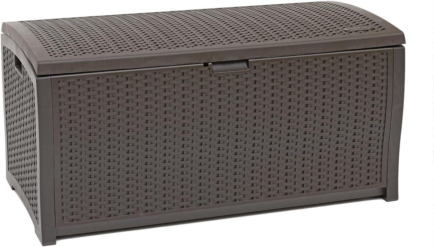 Suncast DBW9200 99 Gallon Outdoor Wicker Plastic Patio Storage Chest Bin with Handles for Patio, Garden, Garage, or Pool for All Weather, Mocha