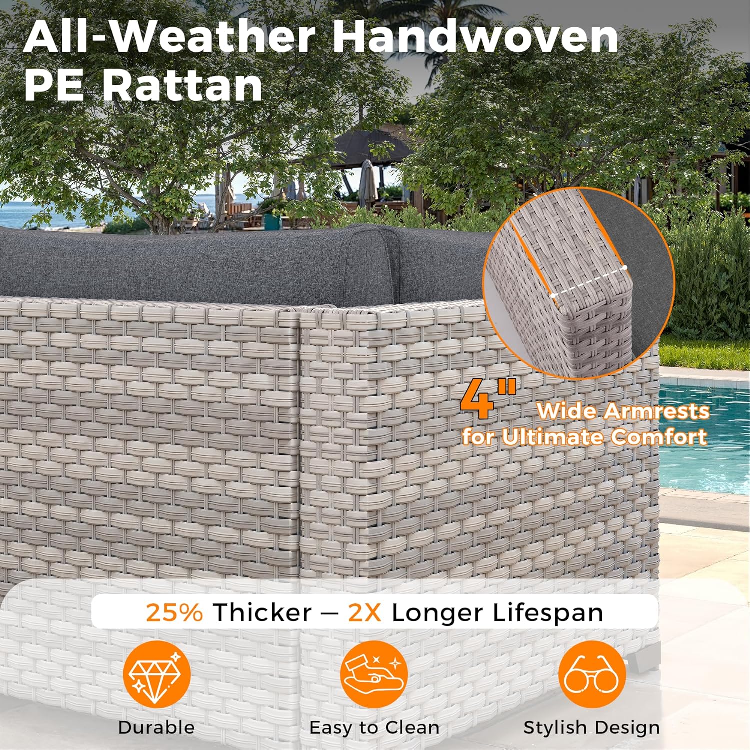 6-Seat Modern Outdoor Wicker Rattan Patio Furniture Set with 55,000 BTU Fire Pit Table, Thick 4″ Cushions, All-Weather Dual-Strand Rattan, Rust-Resistant Steel Frame,Black