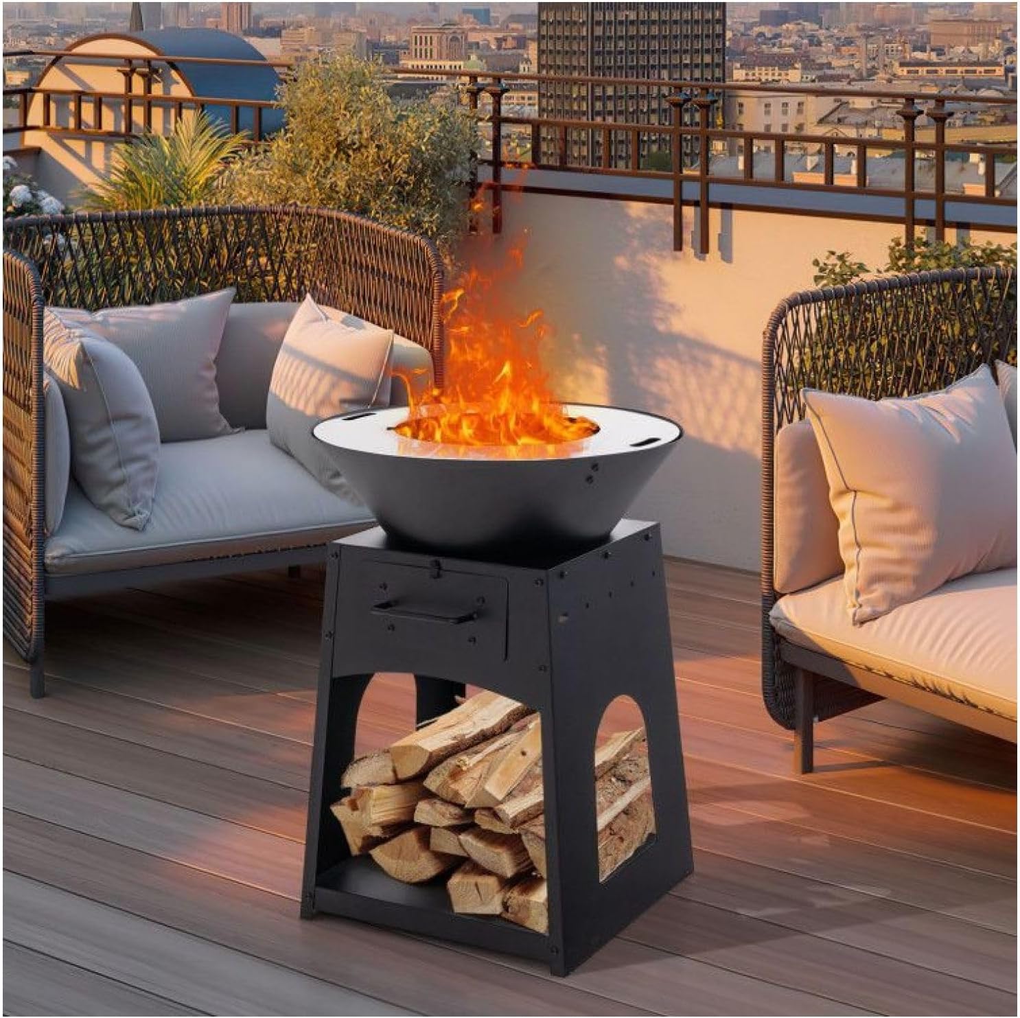Outdoor Fire Pit with Grill and Log Rack, 24