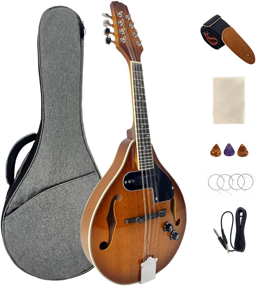 Electric Acoustic Mandolin A Style 8 String, Mahogany Body w/Built-in Pickup – Full Kit for Stage, Studio & Home (Includes Gig Bag, Audio Cable, Strap & Picks)