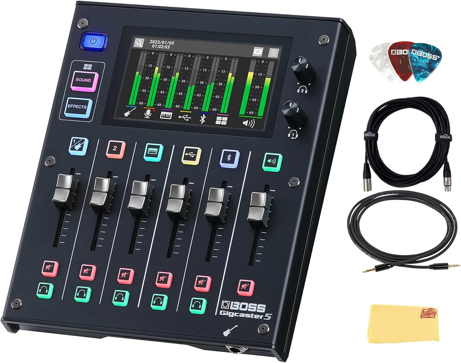 Boss - Gigcaster 5 (GCS-5) Audio Streaming Mixers Bundle with Roland Instrument Cable, Gearlux XLR Cable, Stereo Plug Cable, Picks, and Austin Bazaar Polishing Cloth