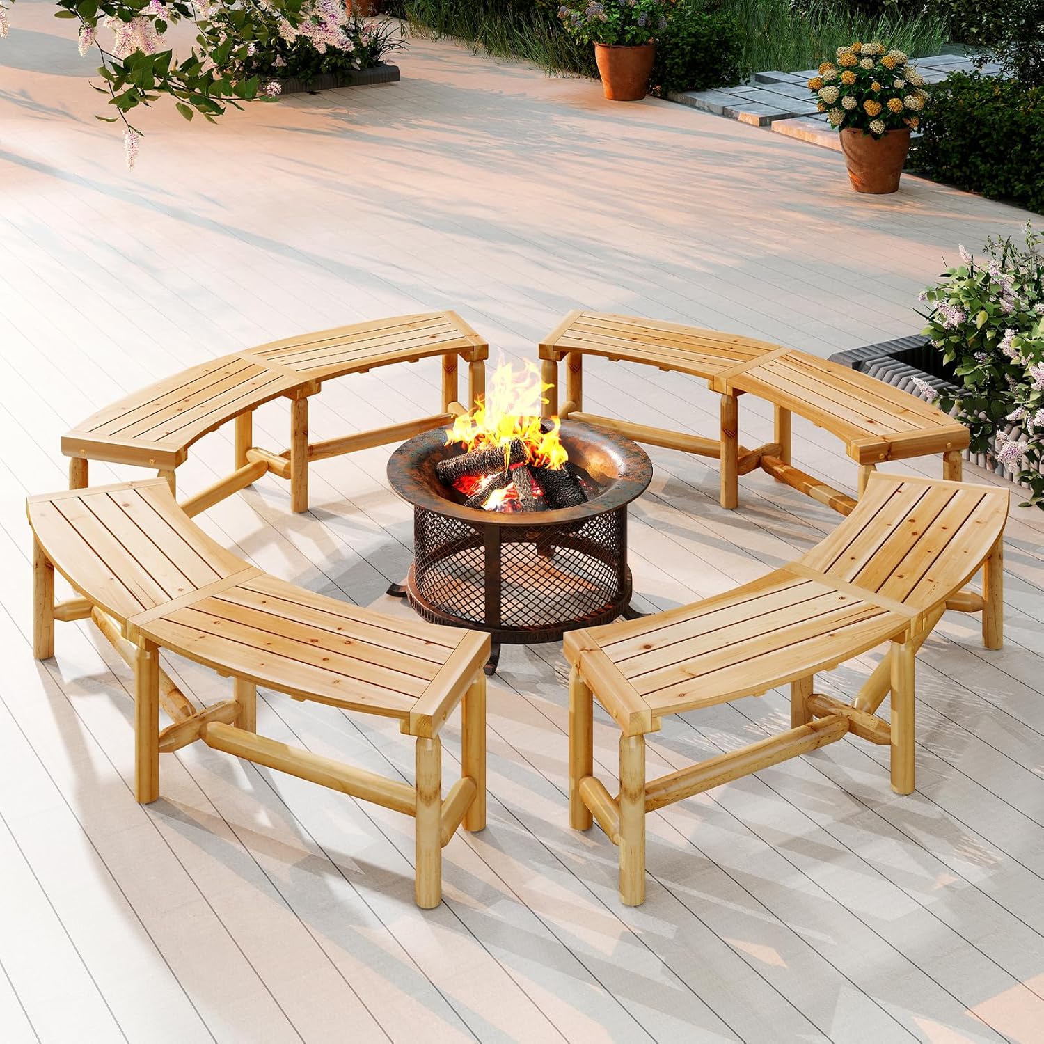 Tangkula Patio Curved Bench Set of 4, Solid Wood Fire Pit Bench for 2-3 People, Outdoor Backless Loveseat for Backyard, Garden, Poolside, 800 LBS Max Load (Natural)