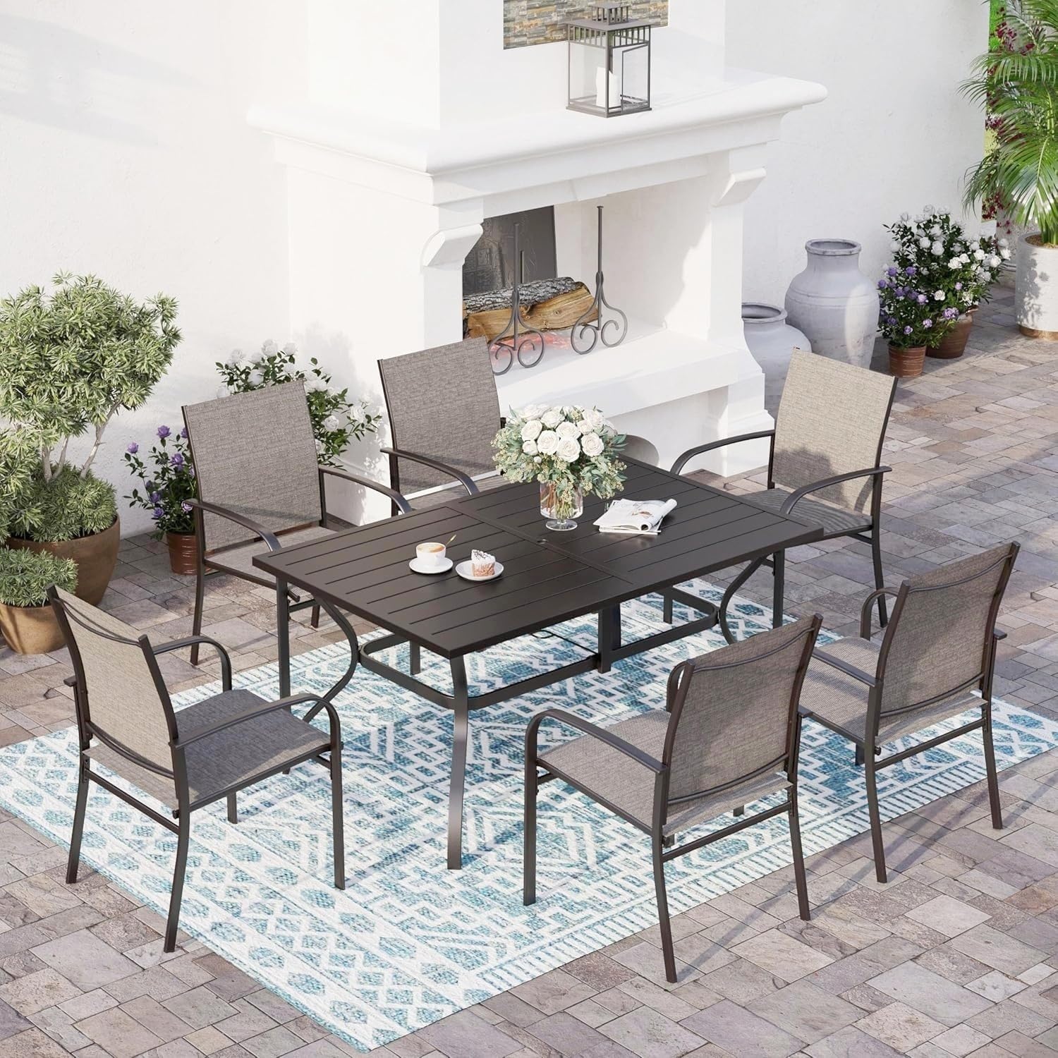7 Piece Patio Dining Set for 6, Rectangular Metal Table with Umbrella Hole, 6 Brown Dining Chairs, Outdoor Table and Chairs Set for Lawn Backyard and Deck