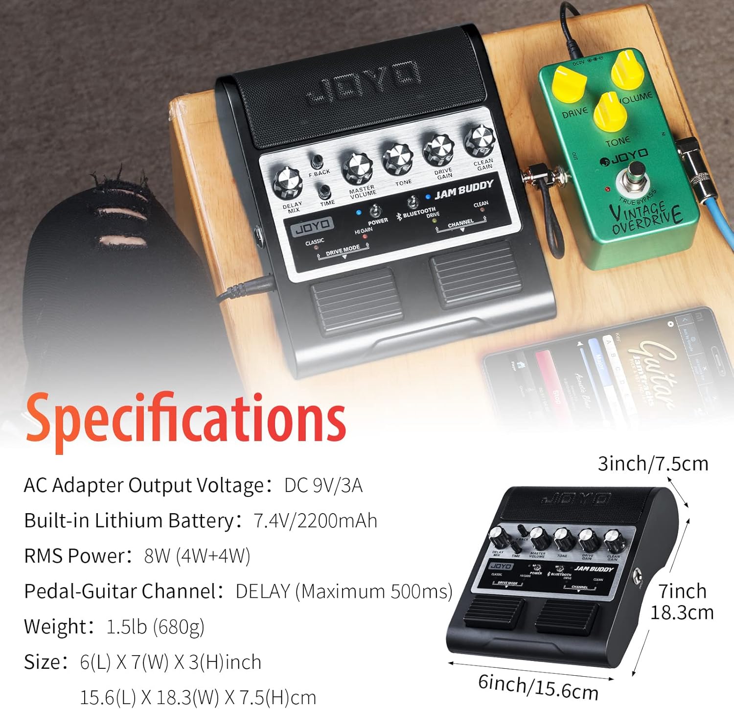 JOYO Portable Guitar Practice Amp & Pedal All-in-One Rechargeable Bluetooth Combo Guitar Amplifier with Effect & Footswitch JAM Buddy (Black)