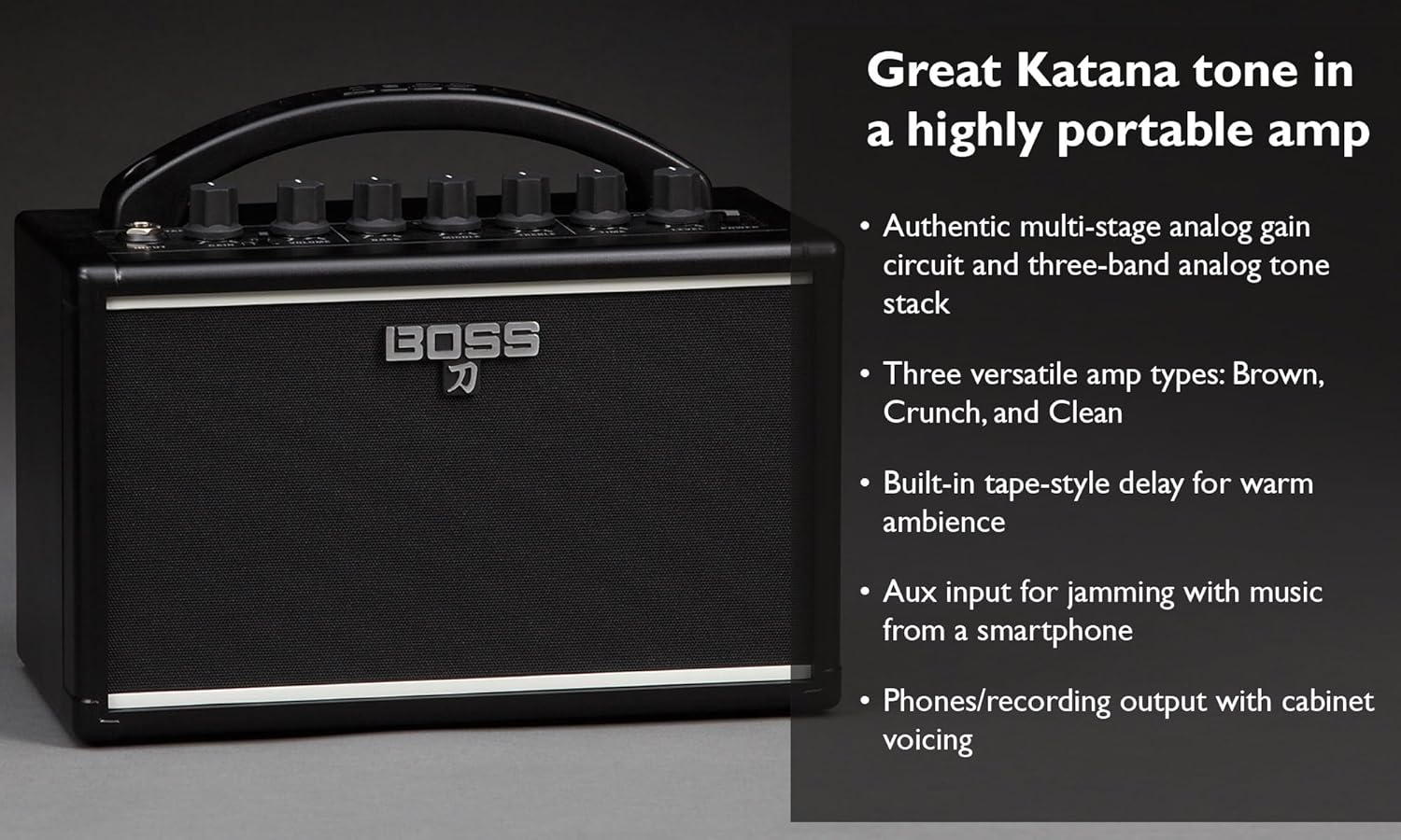 Boss Katana Mini Guitar Amplifier Bundle with Gearlux Power Supply, Instrument Cable, Austin Bazaar Exclusive 24-Pack Picks, and Polishing Cloth