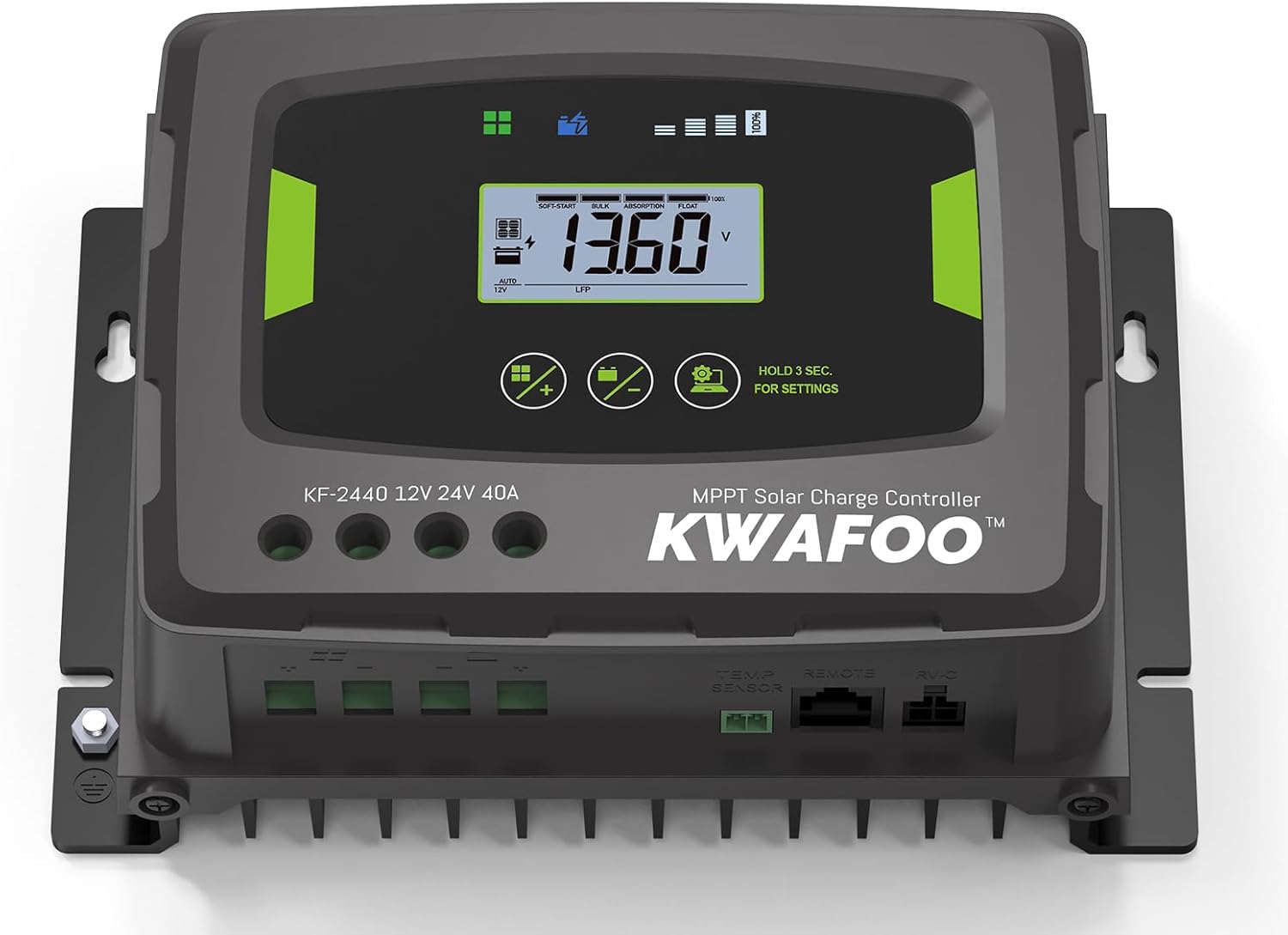 MPPT 100V 40A 12V/24V Auto Solar Charge Controller, Negative Ground, APP Control, Backlit LCD