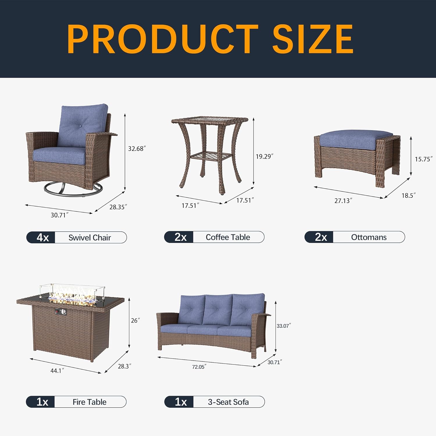 10 Pieces Outdoor Patio Furniture Set with Fire Pit Table, Wicker Patio Sectional Set Conversation Wicker Swivel Chairs with Small Side Table