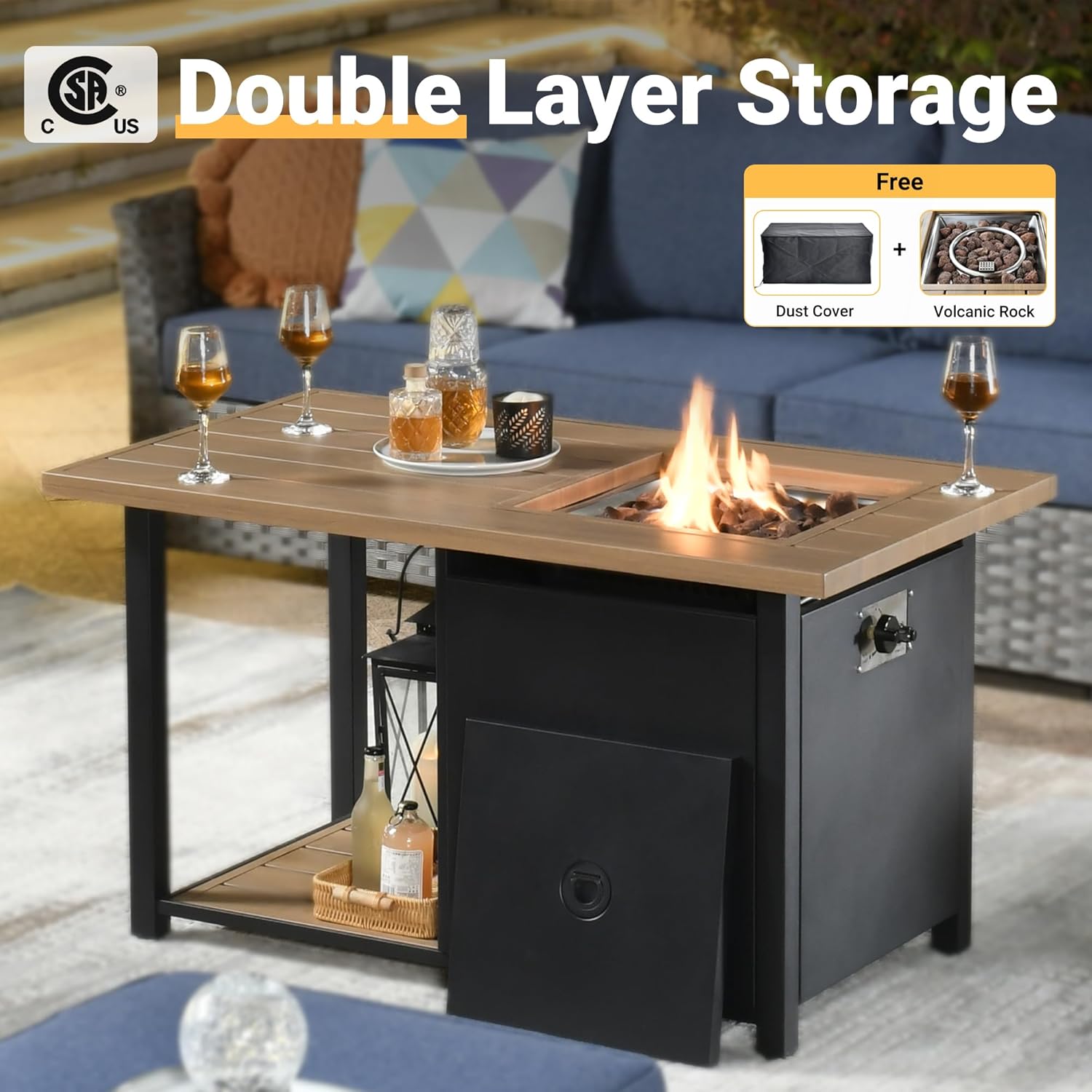 10 Pieces Outdoor Furniture Set,Sectional Sofa with Double Layer Fire Pit Table and Rocking Chairs,PE Wicker Rattan Patio Conversation Sets