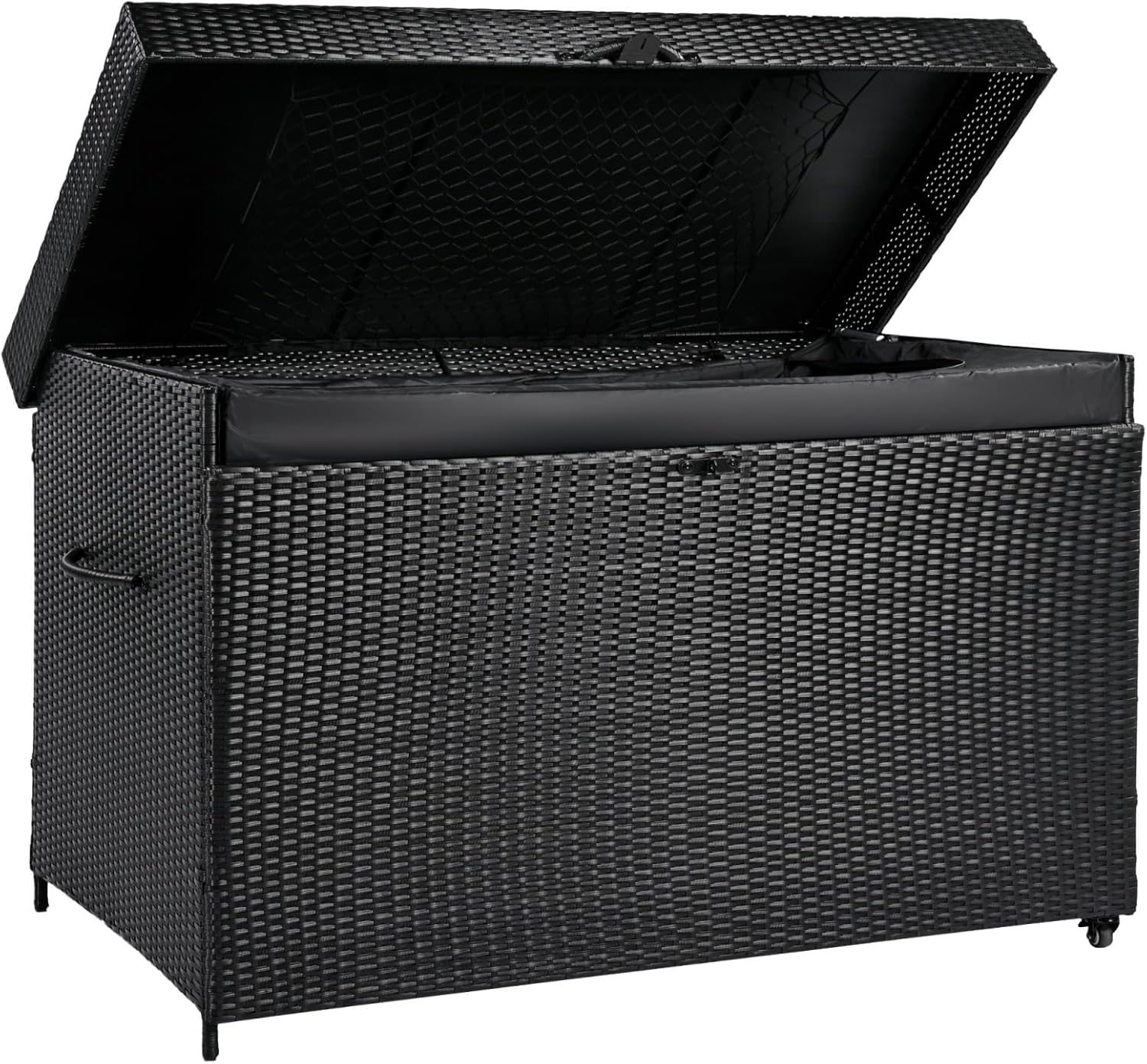 Gallon Wicker Deck Box with Wheels, All-Weather Outdoor Storage Box, Rattan Storage Bin for Patio Furniture, Outdoor Cushions, Pool Storage and Garden Tools - Black