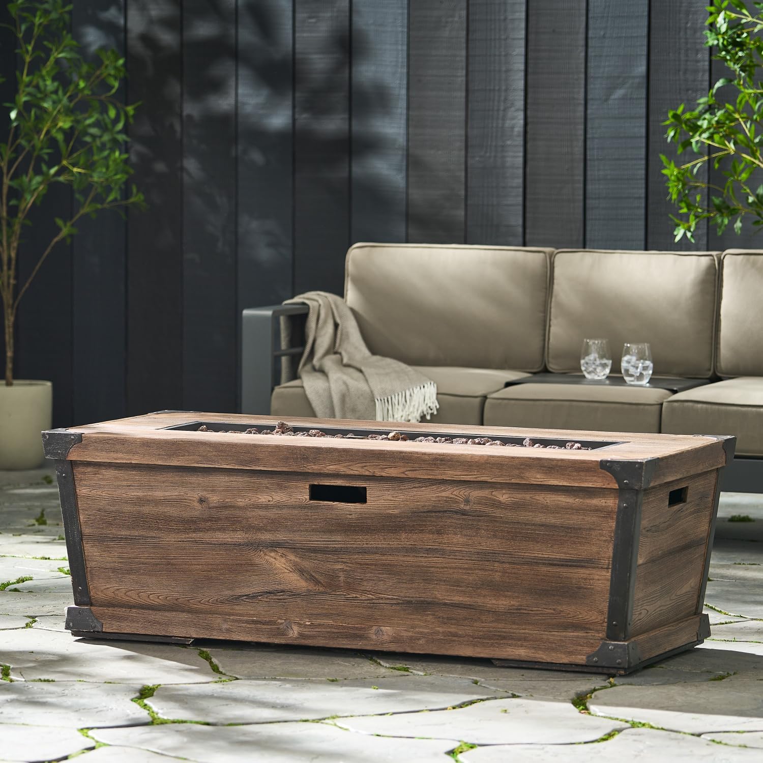 Rusttic Rectangle Concrete Gas Fire Pit Table - 56-Inch, 50,000 BTU Outdoor Patio Heater, Brown