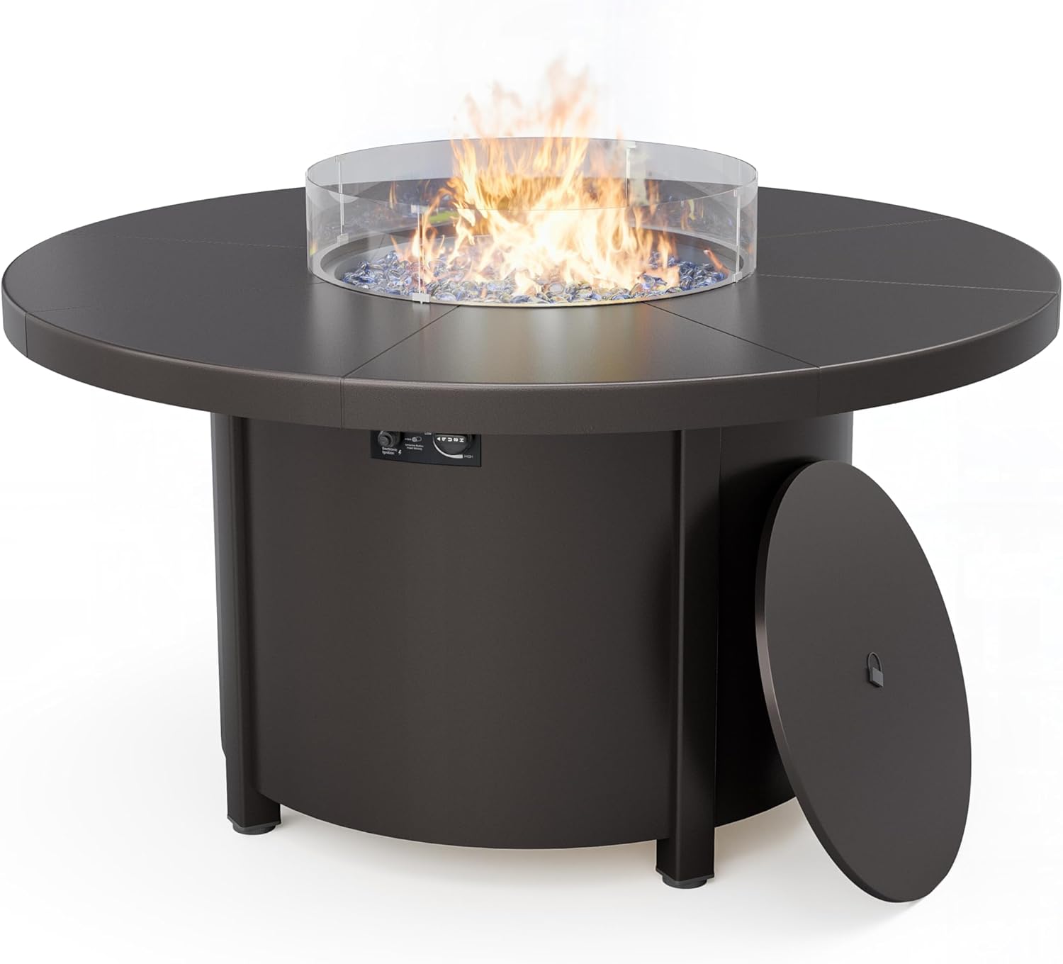 ALAULM Round Gas Fire Pit Table 48in, 40000 BTU Outdoor Propane Fire Pit with Round Metal Tabletop, Adjustable Flame,Windshield & CSA Certification for Outside Patio and Garden